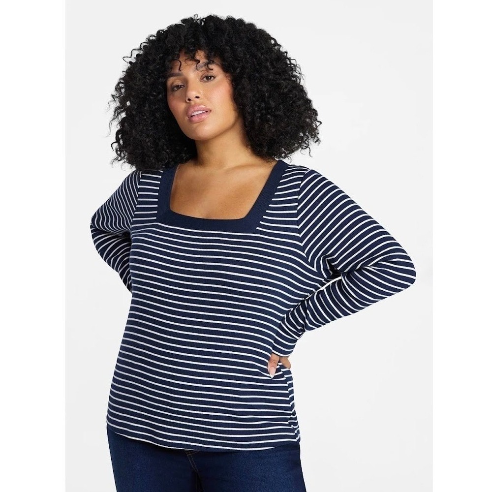 Terra & Sky Womens Plus Size 1X Long Sleeve Square Neck Rib Top Navy Stripe NEW